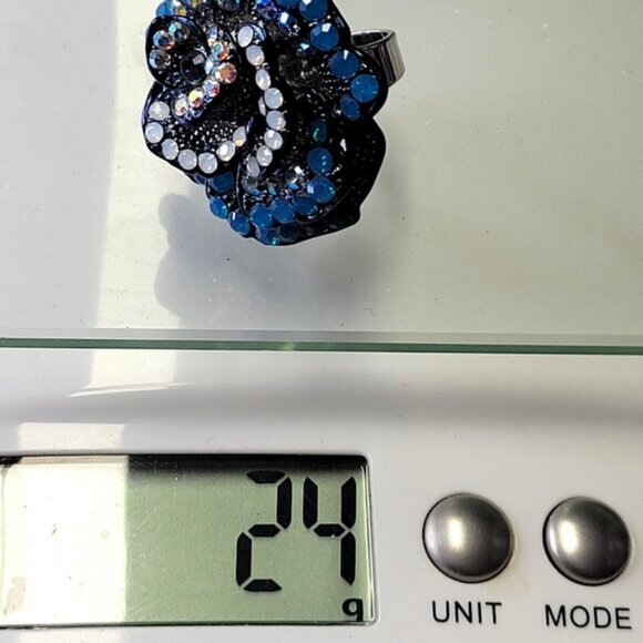 Statement Blue Rhinestone floral Ring with Adjustable Band - Picture 6 of 8